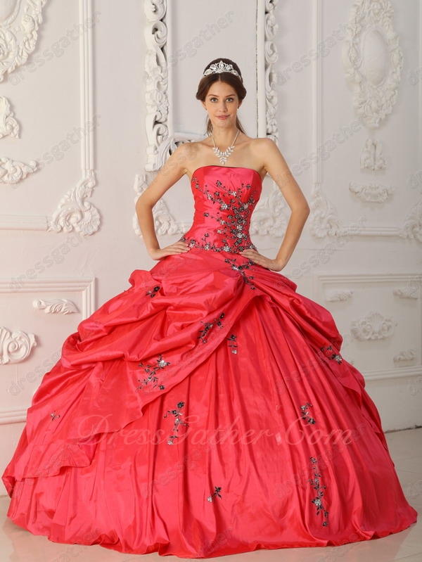 Coral Red Taffeta Military Pageant Party Wear Floor Length Bubble Ball Gown - Click Image to Close