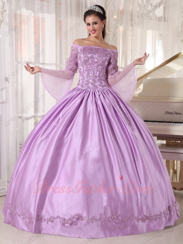 Off Shoulder Trumpet/Flare Sleeves Lilac Puffy Satin Quinceanera Ball Gown With Slip - Click Image to Close