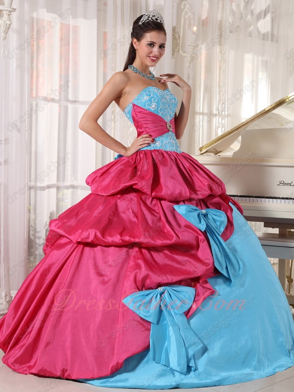 Aqua Blue/Hot Pink Girlish Quince Ball Gown Dress With Many Bowknots Decorate - Click Image to Close