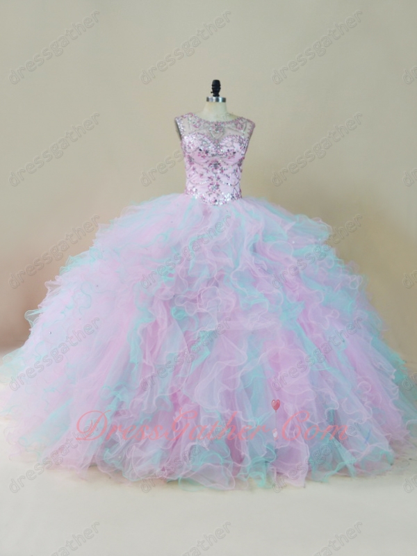 Lovely Crystals Corset Baby Pink/Ice Blue Mixed Tulle Ruffles Quinceanera Dress Gowns - Click Image to Close