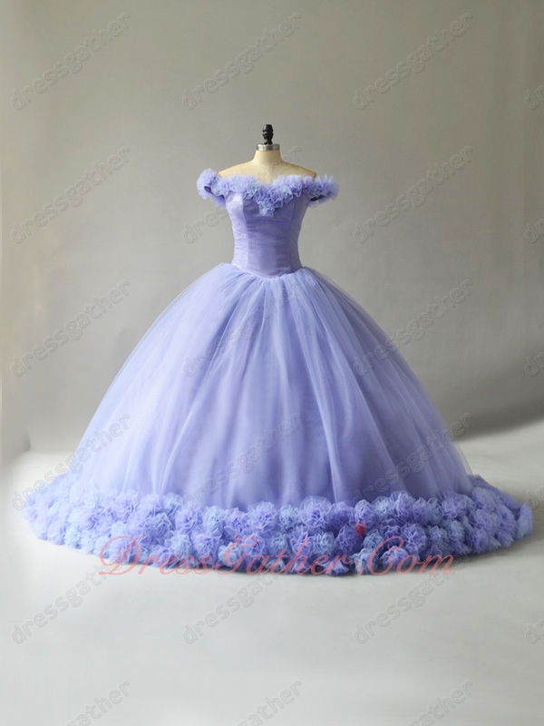 Lavender Tulle Handmade 3D Flower Cathedral Train Fairyland Quinceanera Ball Gown - Click Image to Close