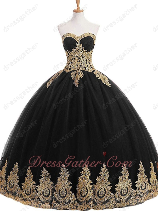 Sweetheart Black Tulle Gold Pineapple Applique Stage Performance Evening Ball Gown - Click Image to Close