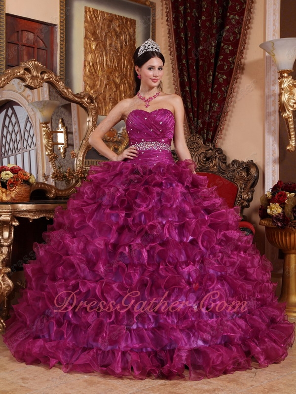 Sweetheart Magenta Organza Ruffle Layers Quince Cake Ball Gown 2020