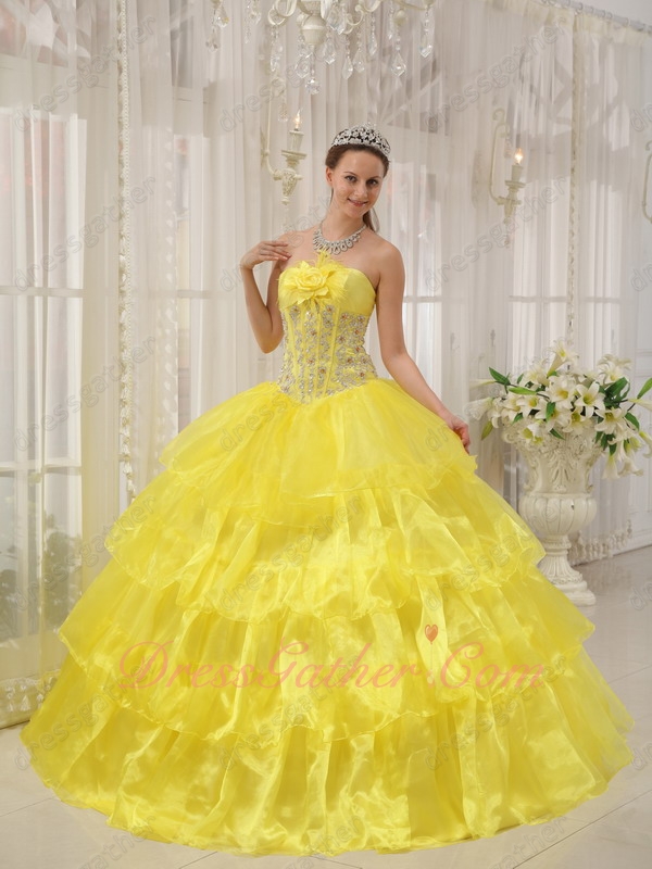Bright Canary Yellow Cascade Dense Organza Layers Princess Prom Ball Gown - Click Image to Close