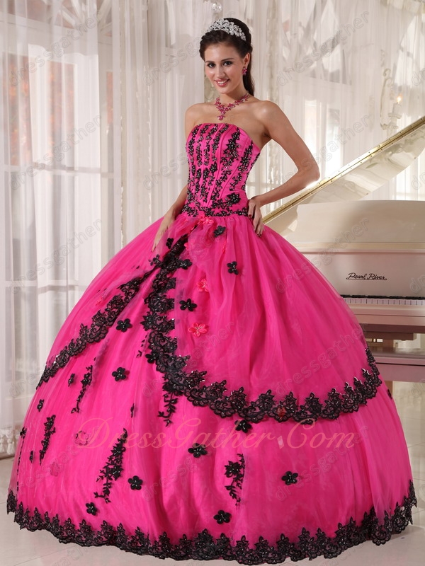 Non-breaking Polyester Boning Quinceanera Birthday Gown Fuchsia With Black Appliques - Click Image to Close