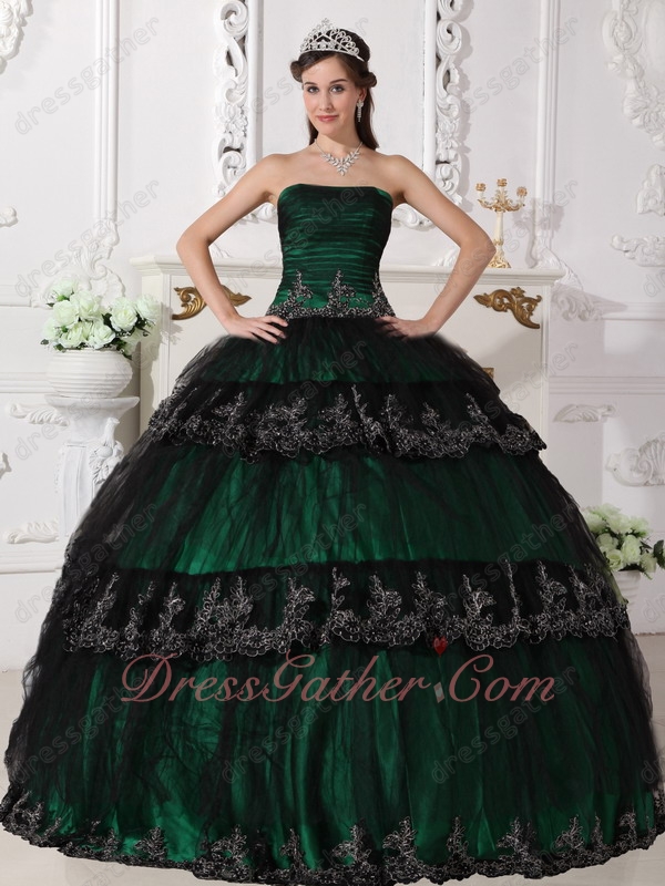 Black Tulle Lacework Layers Skirt Dark Green Lining Quinceanera Ball Gown - Click Image to Close