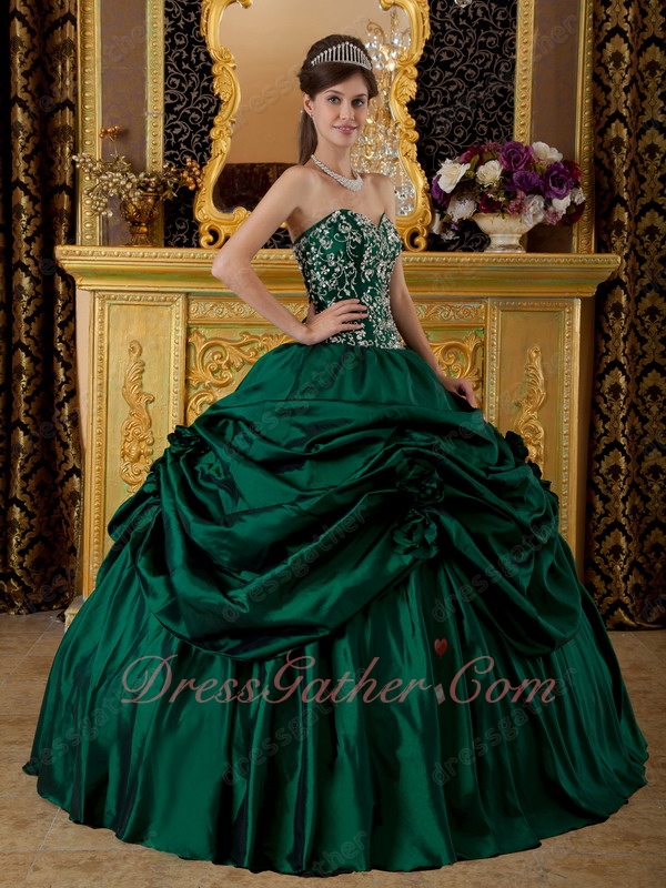 Pick Up Dark Green Taffeta Quinceanera Ball Gown Embroidered Natural Waist Bodice - Click Image to Close