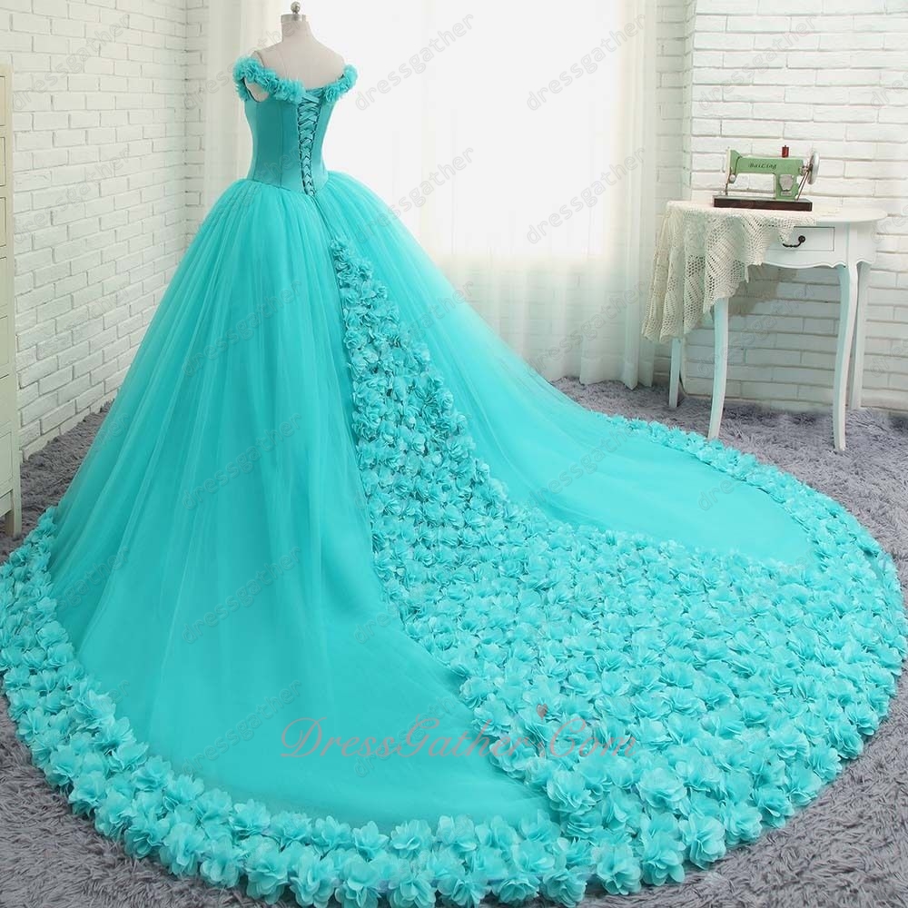 Graceful Off Shoulder V Neck Puffy Aqua Quinceanera Gowns 3D Flowers ...