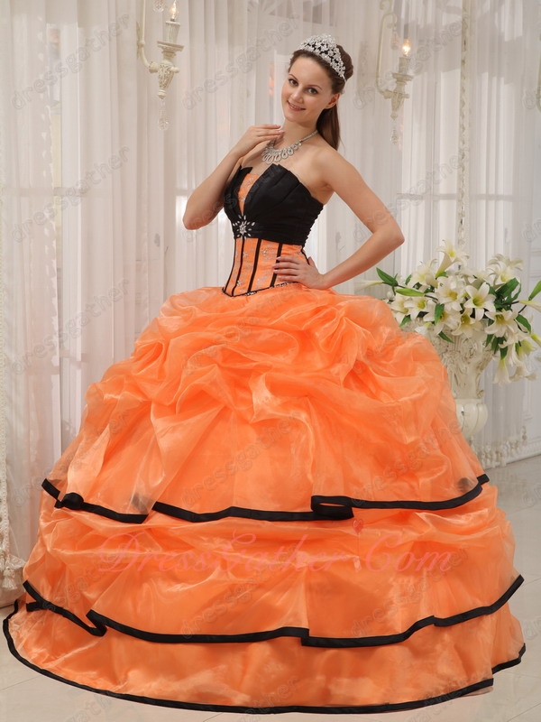 Mature Strapless Cake Quinceanera Dress Orange Bubble With Black Bordure - Click Image to Close