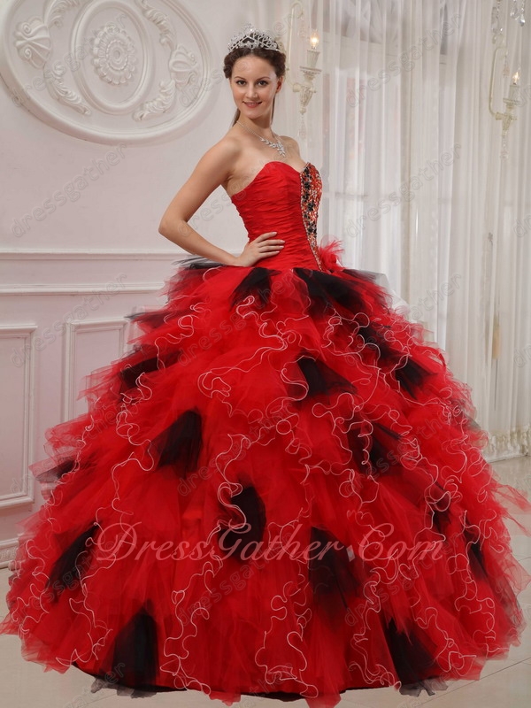 Half Beadwork Half Ruching Bodice Quinceanera Dress Red Rufffles Mingle With Black - Click Image to Close