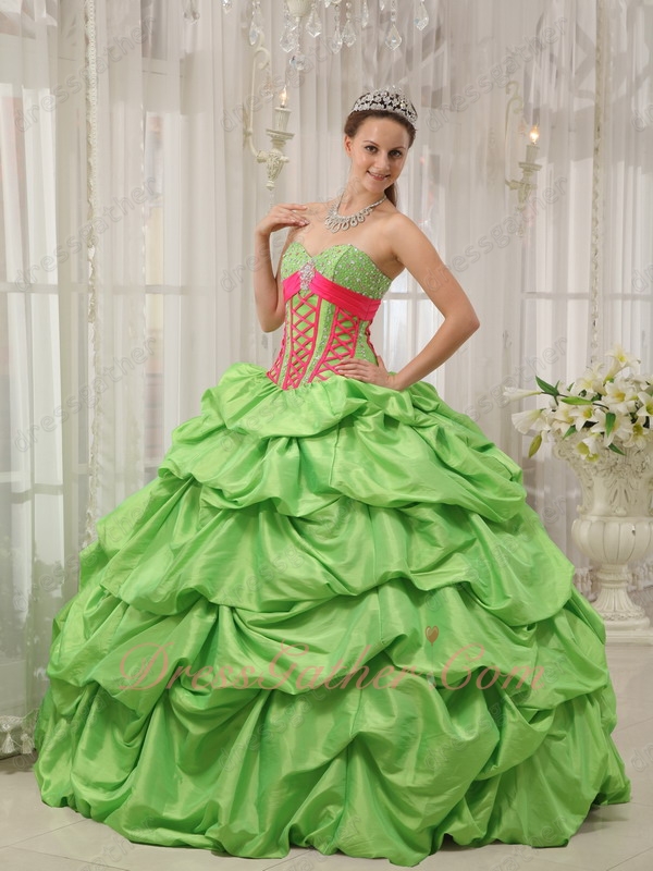 Spring Green Taffeta Quince Gown Clearance With Hot Pink Shoelaces Corset Design - Click Image to Close