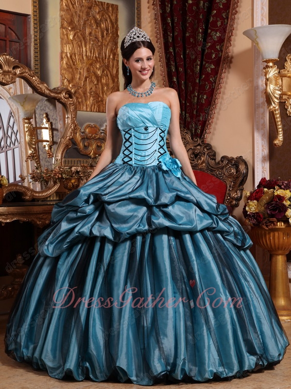 Pretty Quinceanera Dress Light Sky Blue Taffeta and Black Tulle Bubble Bluging Together - Click Image to Close