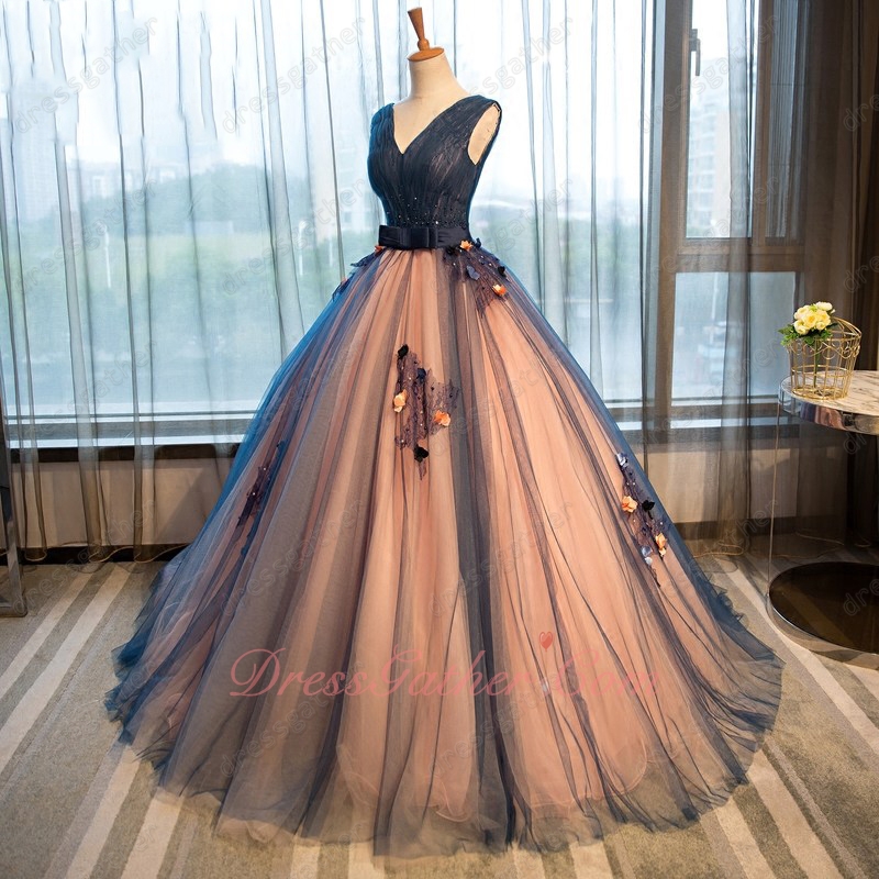 Navy Blue and Blush Lining Floor Length Puffy Flowing Quinceanera Ball Gown Princess - Click Image to Close