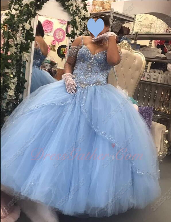 Spaghetti Straps Slit Overlay Tulle Bead Edging Baby Blue Tulle Quinceanera Ball Gown - Click Image to Close