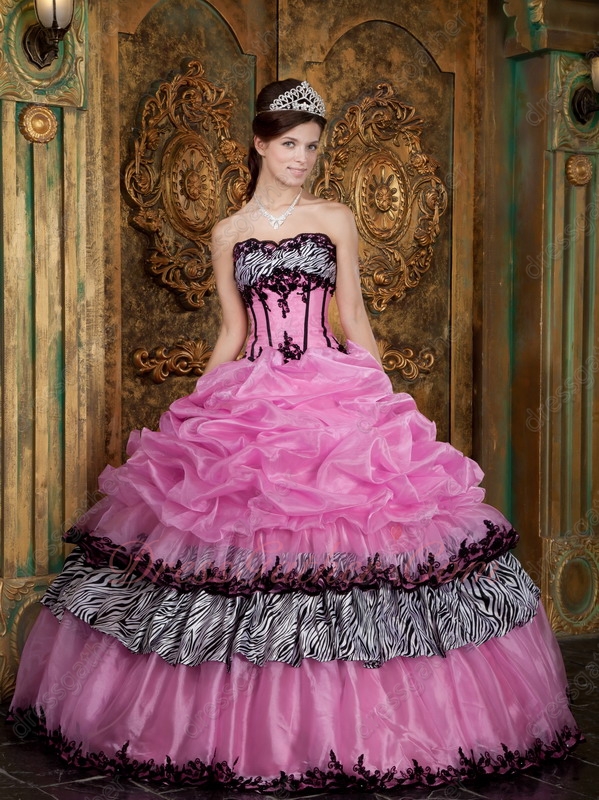 Nifty Pink Quinceanera Dress Organza Bubble Zebra Cake Skirt With Black Lacework - Click Image to Close