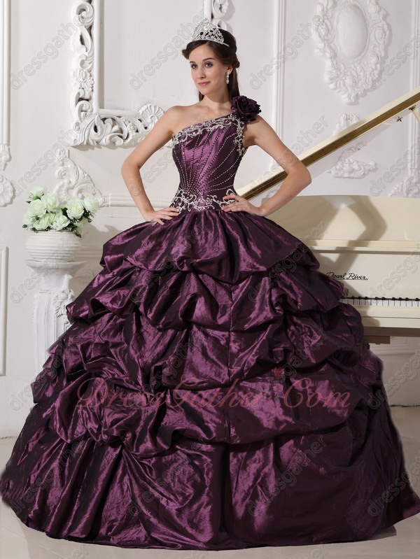 One Shoulder Full Bubble Dark Raisin Taffeta Puffy Quinceanera Ball Gown Classical - Click Image to Close