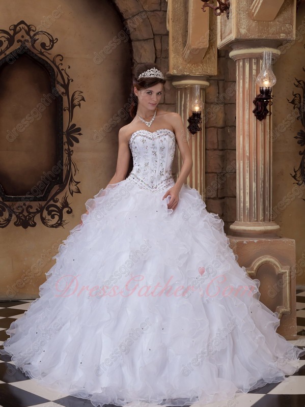 White Organza Curly Edge Ruffles NC Quinceanera Dress V Shaped Wasitline Bodice - Click Image to Close