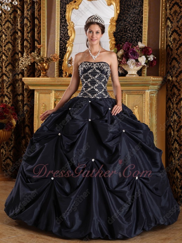 Deep Navy Blue Picks-up Bubble Taffeta Puffy Quinceanera Ball Gown Silver Embroidery - Click Image to Close
