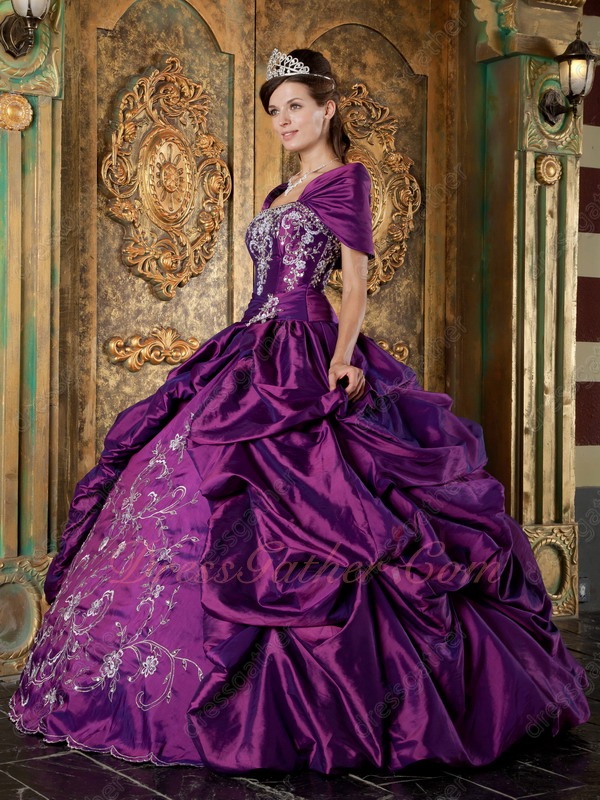 Bright Deep Purple Designer Quinceanera Ball Gown Silver Embroidery With Shawl - Click Image to Close