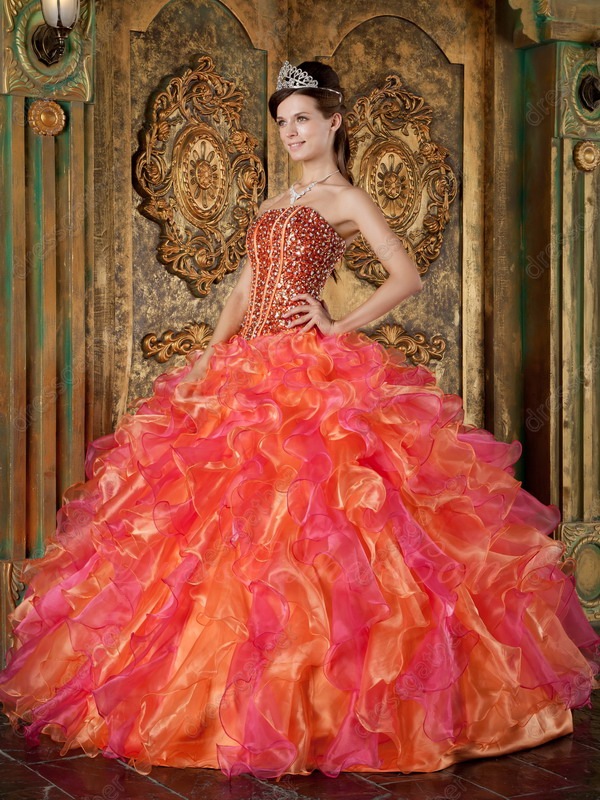 Lines Full Polyester Boning Organge/Hot Pink Ruffles Fluffy Quinceanera Gown - Click Image to Close