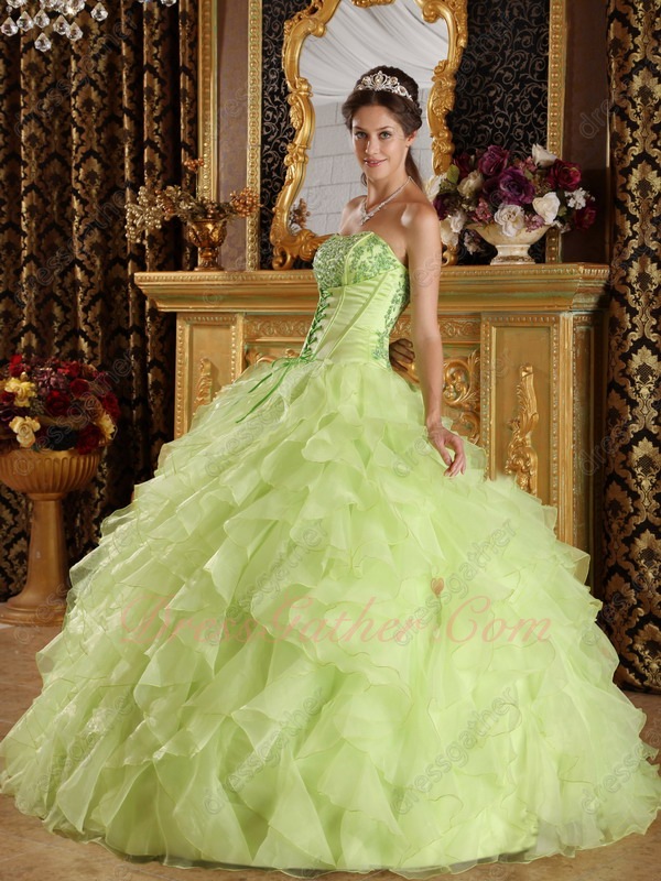 Fresh Yellow Green Organza Fluffy Shoelace Bodice Design Quinceanera Dress - Click Image to Close