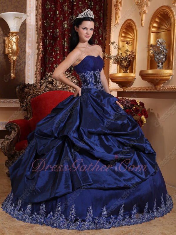 Navy Blue Taffeta Overlay With Lacework Hemline Puffy Military Evening Ball Gown - Click Image to Close