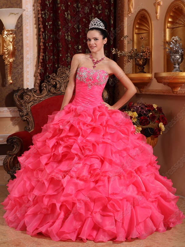 Full Ruffles Skirt Hot Pink Thick Organza Quinceanera Vestido De - Click Image to Close