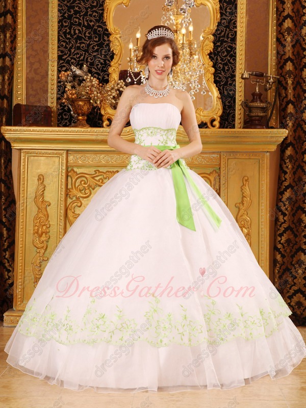 Princess White Mesh Tulle Quinceanera Ball Gown With Spring Green Embroidery - Click Image to Close