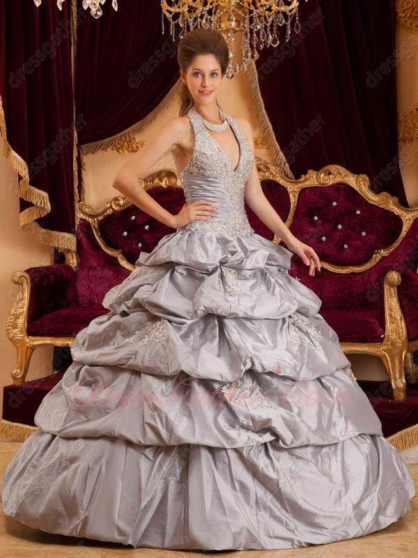Halter Layers Bubble Cake Skirt Silver Taffeta Quinceanera Gown B2C Direct Sales - Click Image to Close