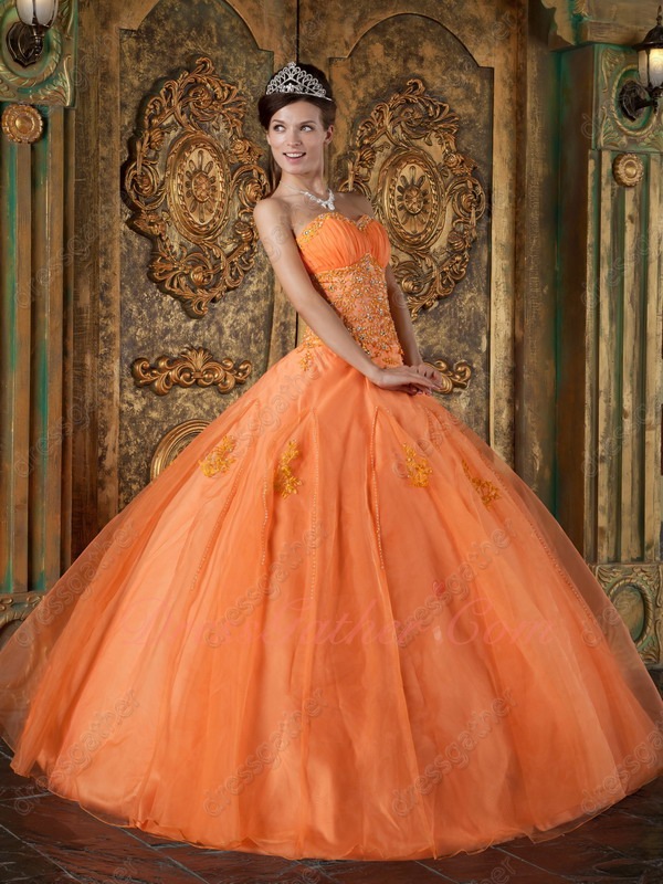 Pin-tucks Bust Orange Organza Flat Slit Skit Best Quinceanera Dress With Slip Puffy - Click Image to Close