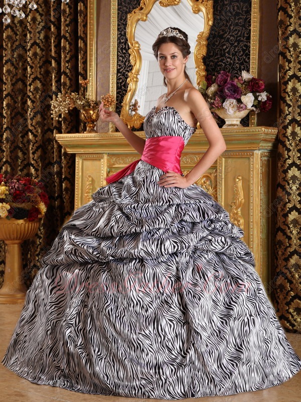Vintage Printed Zebra Fabric Puffy Quinceanera Ball Gown With Hot Pink Sash - Click Image to Close