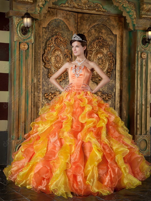 Bright Yellow/Orange Mixed Ruffles Quinceanera Ball Dress Photography Studio - Click Image to Close