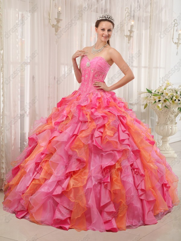One Hot Pink One Orange Mingled Cascade Ruffles Quince Ball Gown Runway Pageant - Click Image to Close