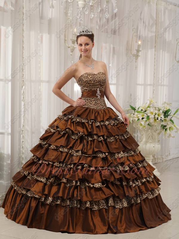 Natural Waist Leopard/Brown Taffeta Interphase Layers Adult Ceremony Ball Gown - Click Image to Close