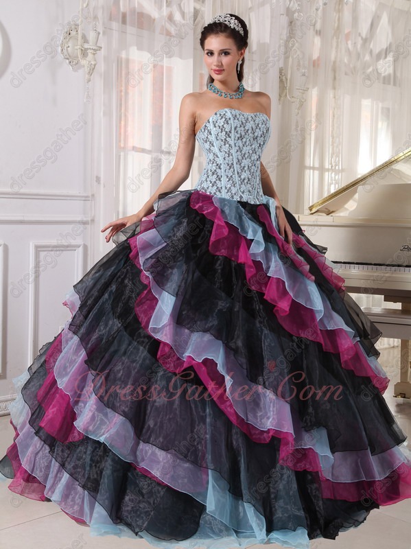 Multi-color Baby Blue/Black/Fuchsia Diagonal Organza Layers Ebay Quinceanera Ball Gown - Click Image to Close