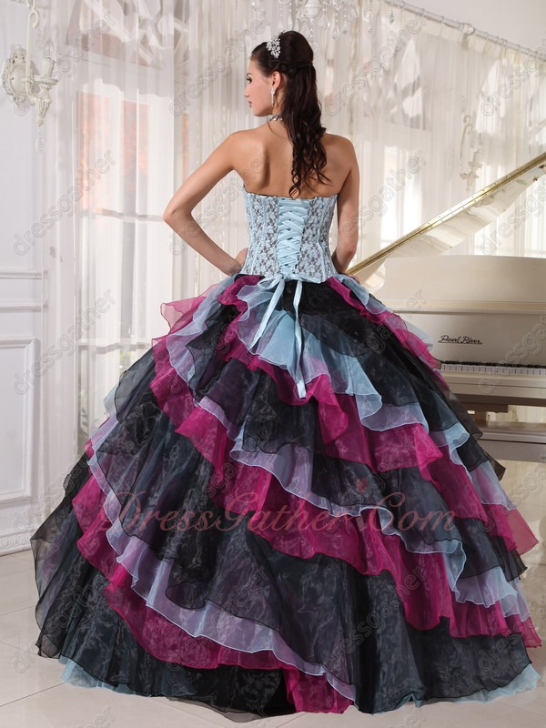 Multi-color Baby Blue/Black/Fuchsia Diagonal Organza Layers Ebay Quinceanera Ball Gown