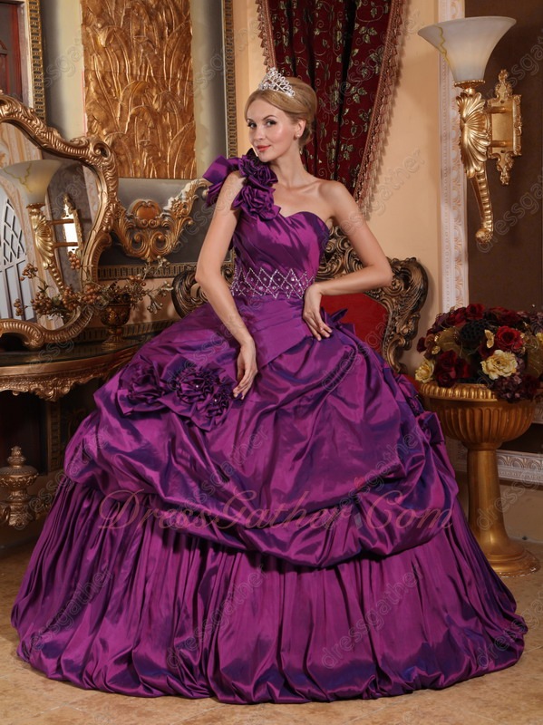 Dark Reddish Purple Quinceanera Protagonist Ball Gown Single Right Shoulder - Click Image to Close