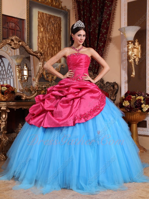 New Fashion Oblique Fuchsia Piece Quinceanera Prom Ball Gown Flat Aqua Blue Tulle - Click Image to Close