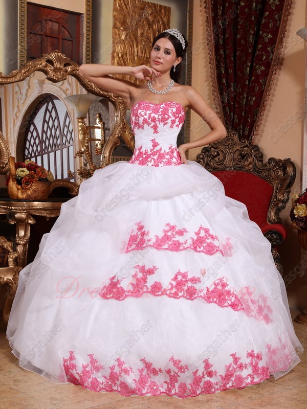 Pretty White Organza Cakes Quince Birthday Party Gown With Coral Red Applique/Lacing - Click Image to Close