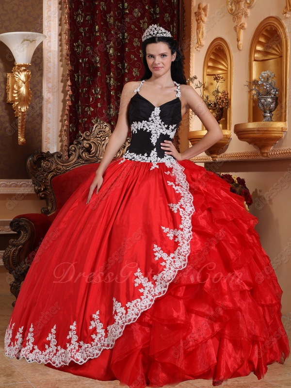 Halter Natural Waist Black Corset Quinceanera Party Ball Gown Red Taffeta Cover Ruffles - Click Image to Close