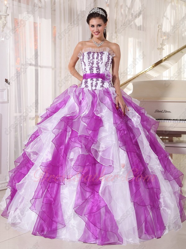 Bright Purple And White Ruffles Organza Mingled Quinceanera Ball Gown Factory Direct - Click Image to Close