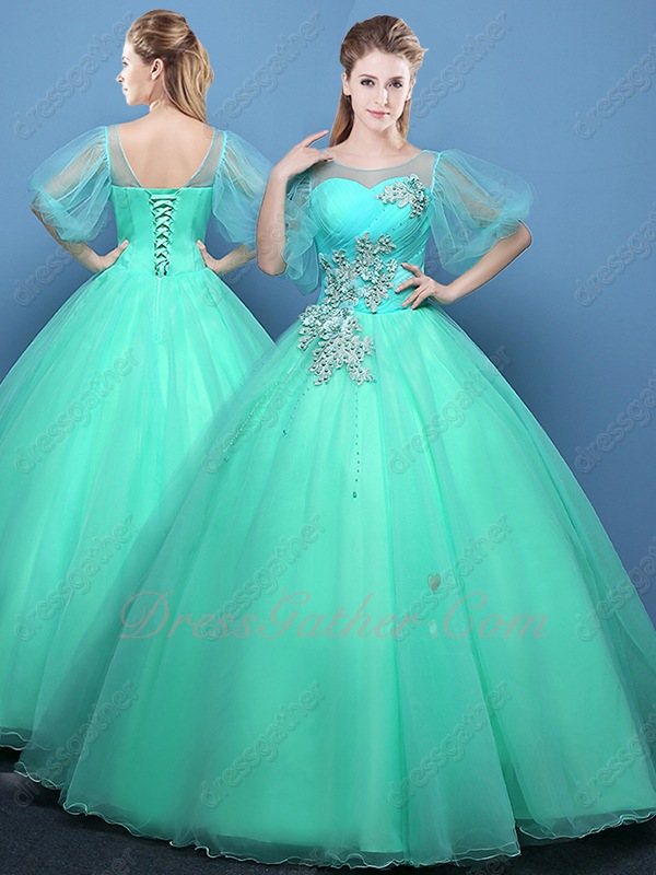 Mint Green Sheer Tulle Scoop Bubble Sleeves Quinceanera Court Ball Gowns With Applique - Click Image to Close