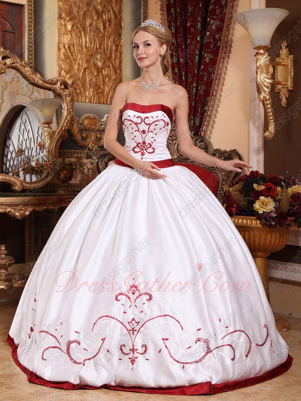 Classical/Village White Quinceanera Dress With Wine Red Embroidery/Bordure - Click Image to Close