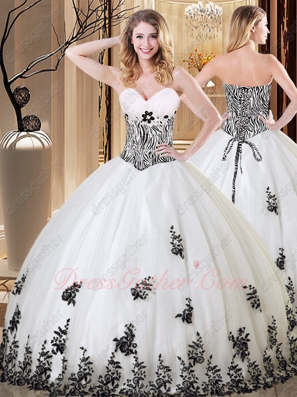 Zebra Bodice Floor Length Lacework Hem Vestidos De Quinceanera Gown White With Black - Click Image to Close