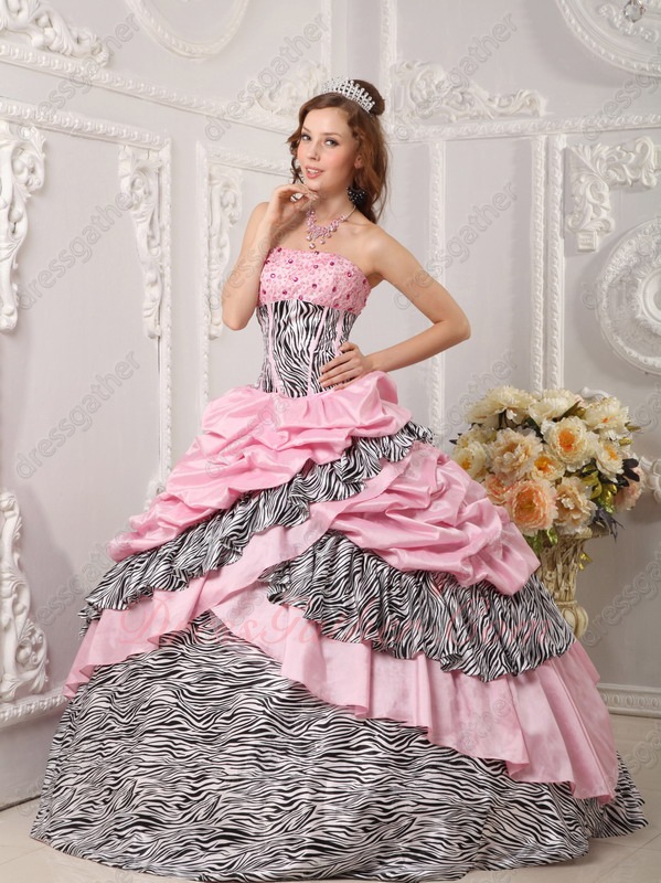 Lovely Pink Taffeta and Zebra Crossed Cake Skirt Quinceanera Bustle Ball Gown Spanish - Click Image to Close