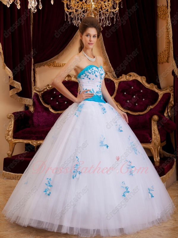 Elegant Trimed Drama Prom Ball Gown White With Azure Blue Applique - Click Image to Close