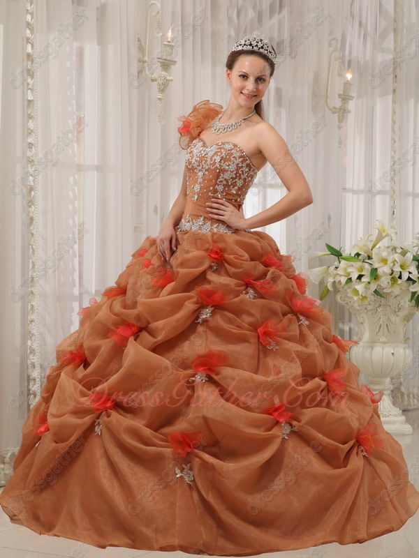 Beautiful One-shoulder Flowers Strap Rust Brown Quinceanera Ball Gown Cheap - Click Image to Close