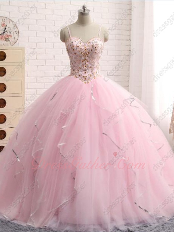 Lovely Pink V-Shaped Waist Quince Puffy Dance Gown Girls Gift Sequin Tapes Edging - Click Image to Close