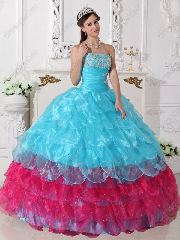 Half Aqua Blue and Half Fuchsia Cascade Layers Skirt Quinceanera Ball Gown Maiden - Click Image to Close