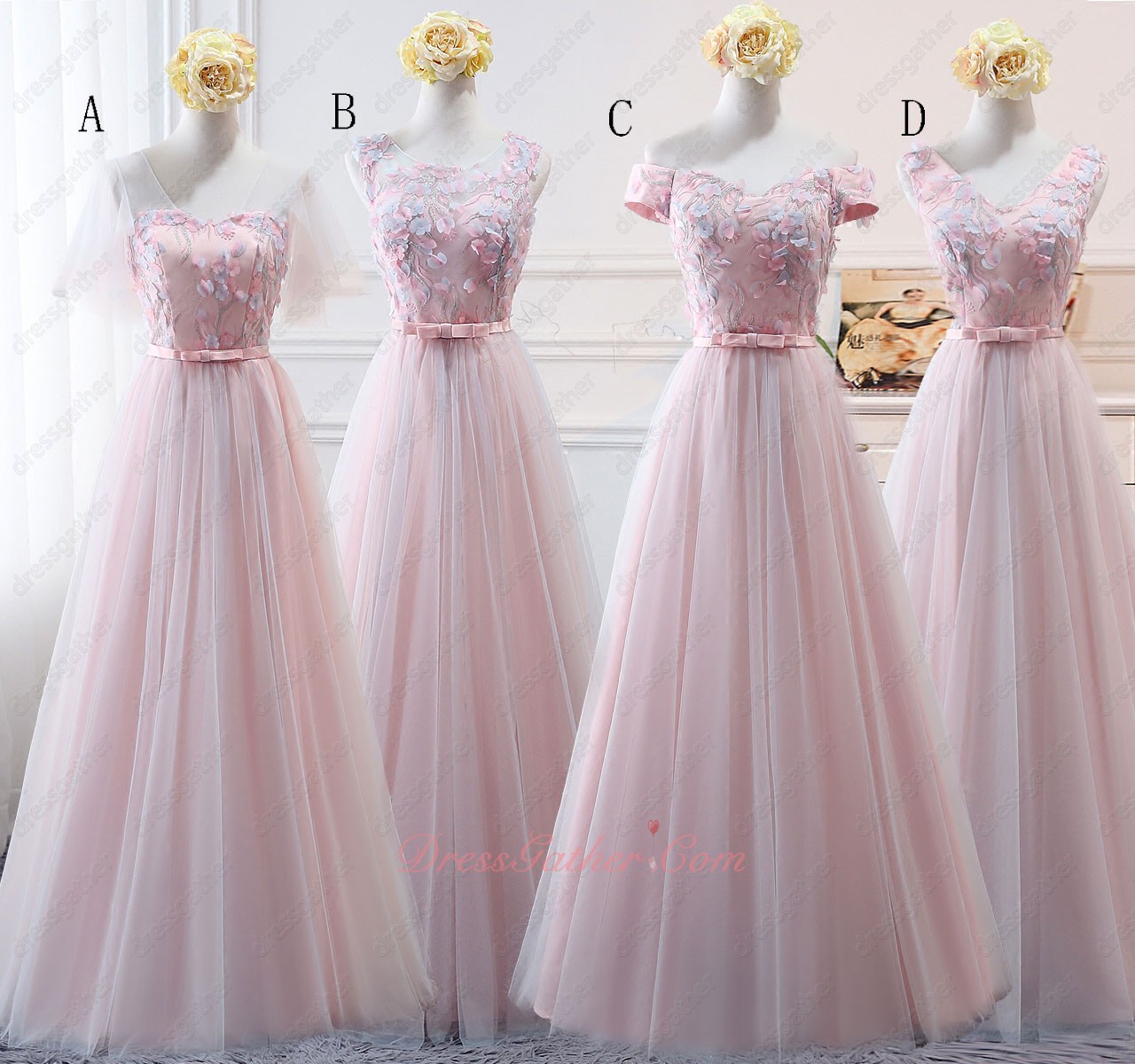 Baby Pink and Baby Blue Flowers Bodice Bridesmaids Dress Series Sale - Click Image to Close
